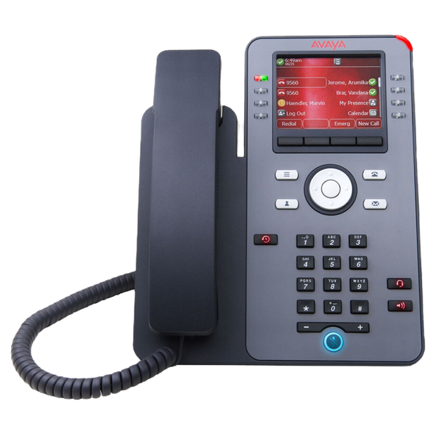 Close-up of a black office phone with a touch screen and buttons, in front of a blurred cityscape.