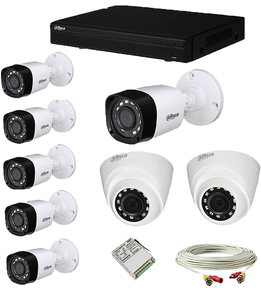 Security camera system: DVR, eight white cameras, cables, and power supply.