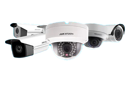 Security cameras. Various models, white with black accents. Hikvision logo visible.