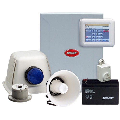 A person's hand pressing a button on a white security system keypad mounted on a white wall.