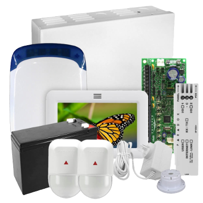 Hand entering code on a security system keypad displaying 