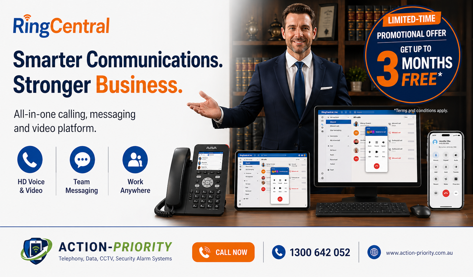 RingCentral ad with businessman and phones, promoting smarter communication and 3 months free.