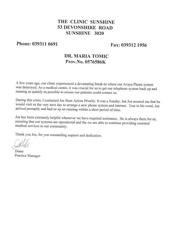 Letterhead from The Clinic Sunshine, addressed to a patient, Dr. Maria Tomic's office, about a phone system issue.