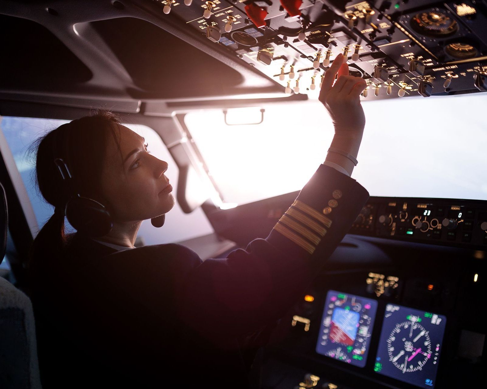 A woman is sitting in the cockpit of an airplane. she is paid a commercial airline pilot's salary