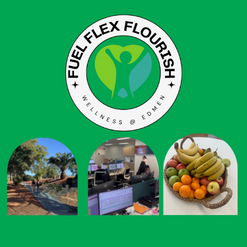flex fuel flourish logo and images of the wellbeing initiatives, fruit, stretches, outdoor meetings
