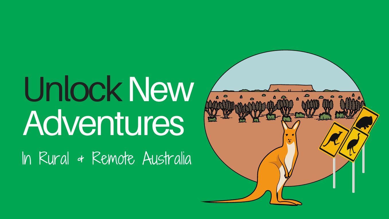 Illustration of a kangaroo and outback setting on a green background with text