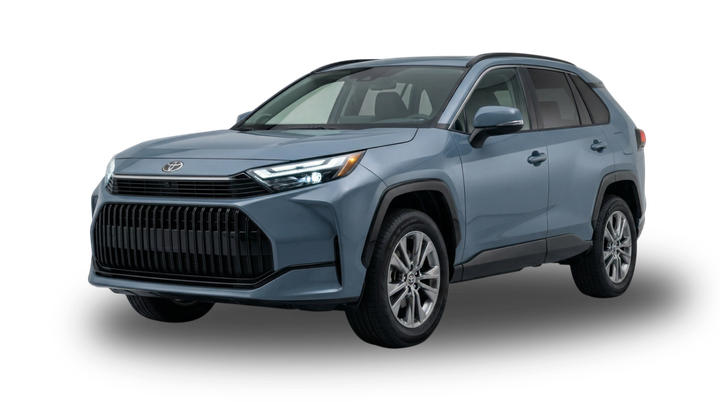 A blue Toyota RAV4 SUV parked against a plain white background.