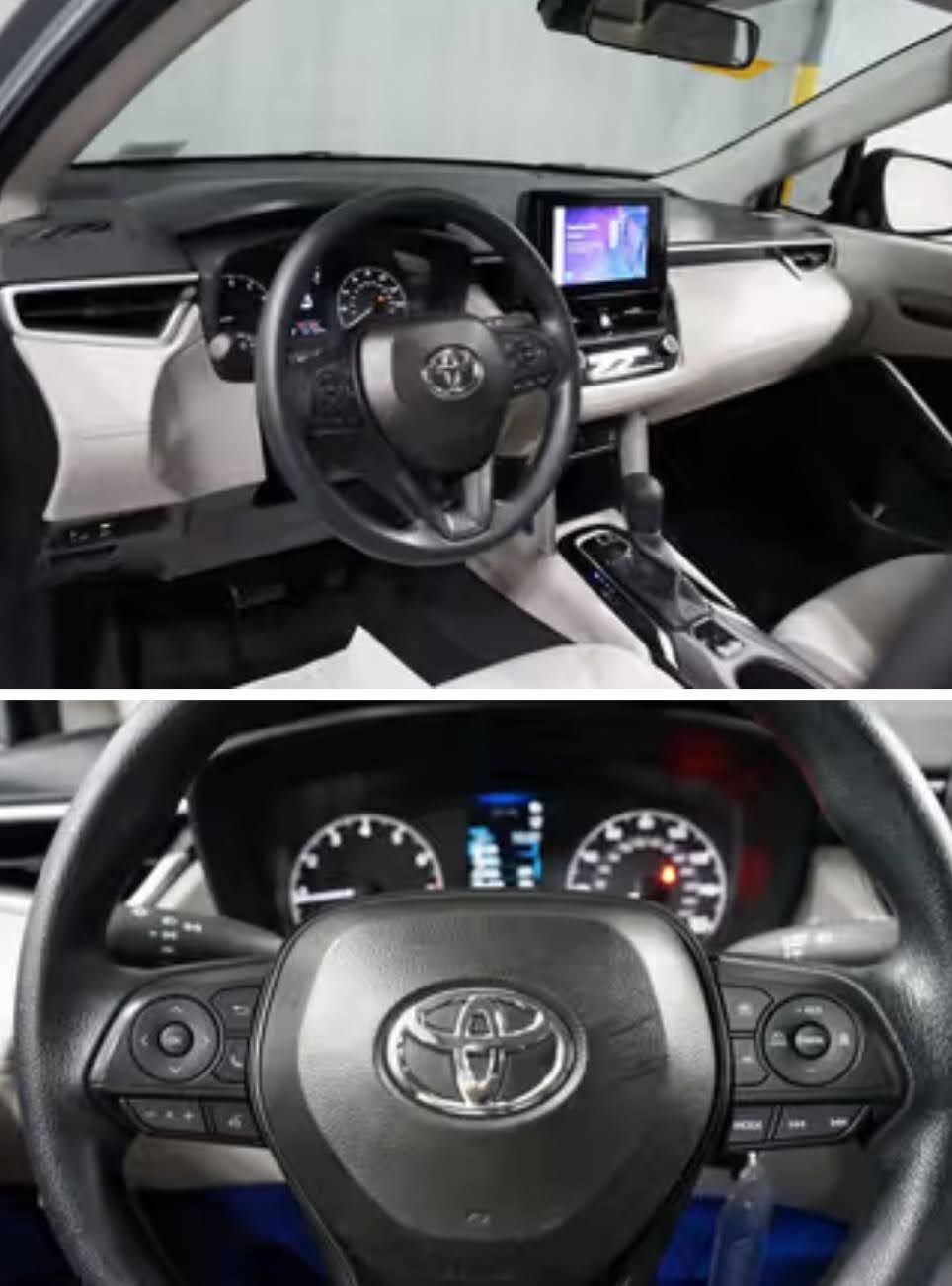 Interior view of a modern Toyota car, showing the dashboard, steering wheel, and digital instrument cluster.