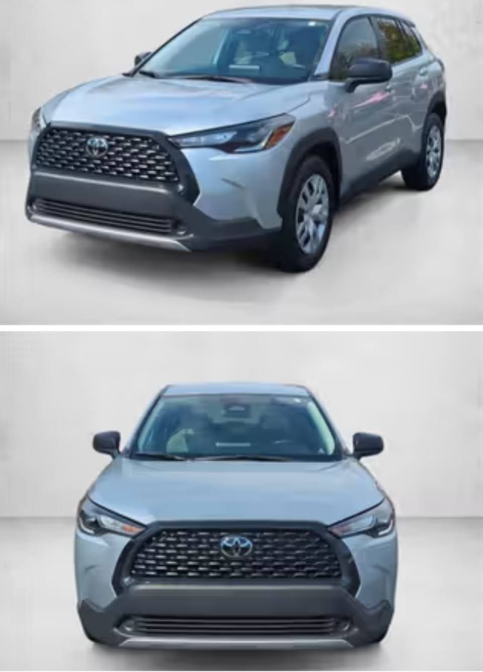 Two views of a light gray Toyota Corolla Cross SUV against a plain background.