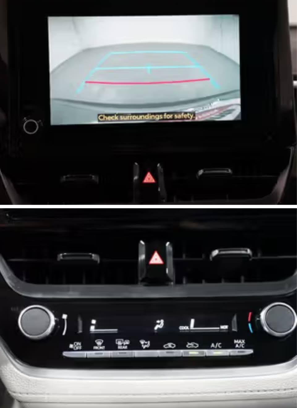 Car dashboard showing a rearview camera display on the infotainment screen above air conditioning and hazard light controls.
