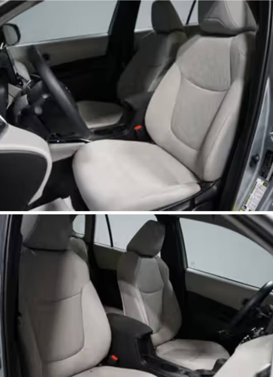 Two interior views of a vehicle showing beige fabric front bucket seats, a black steering wheel, and a center console.
