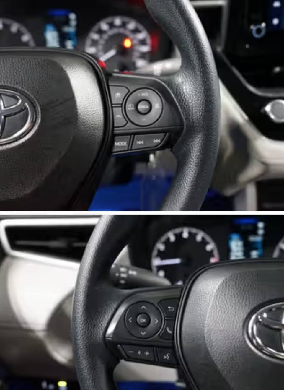 Close-up of a Toyota steering wheel showing audio, phone, and menu control buttons from two different angles.