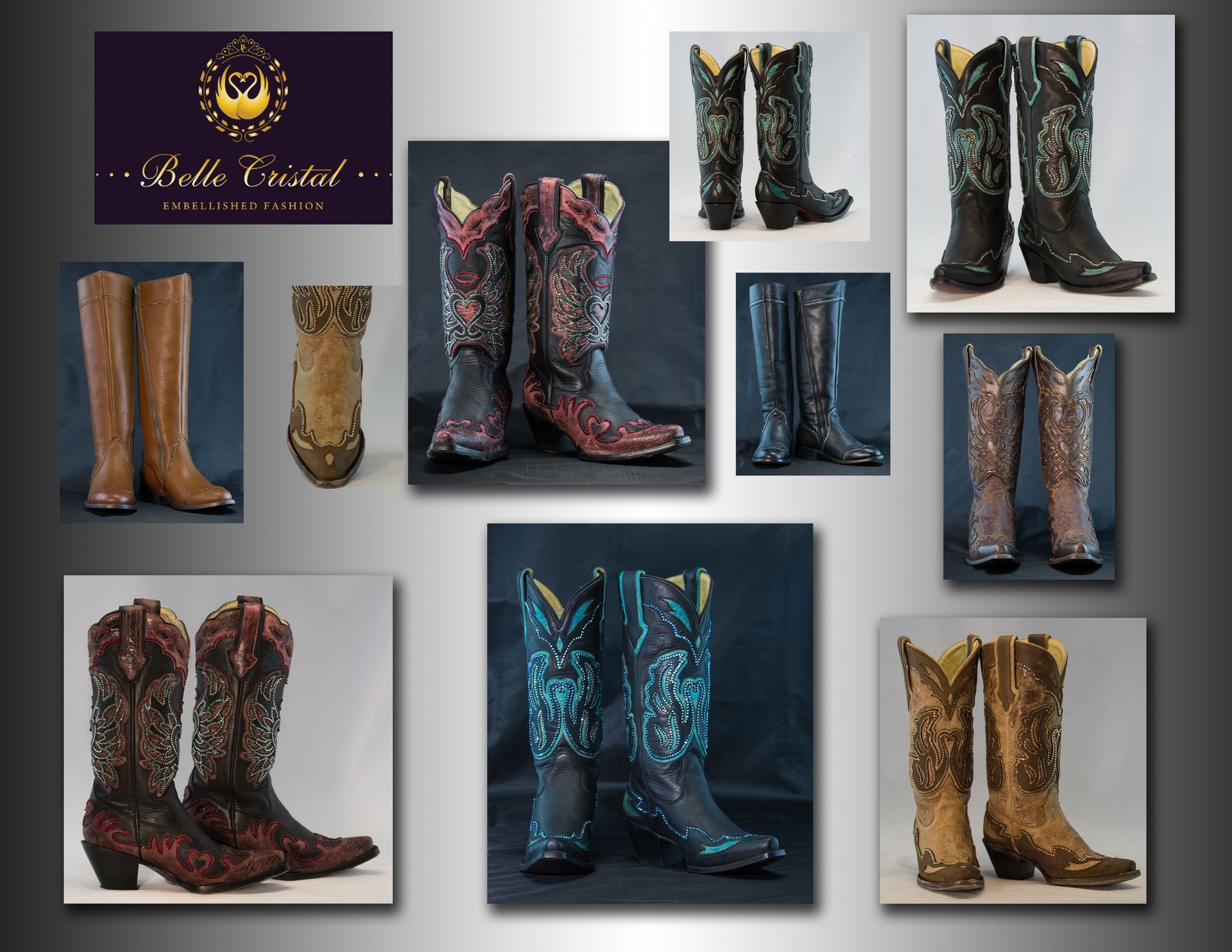 A collage of different types of cowboy boots