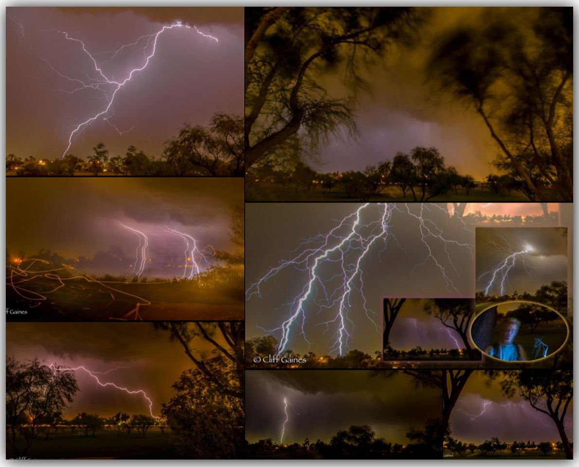 A collage of photos of lightning strikes in the night sky