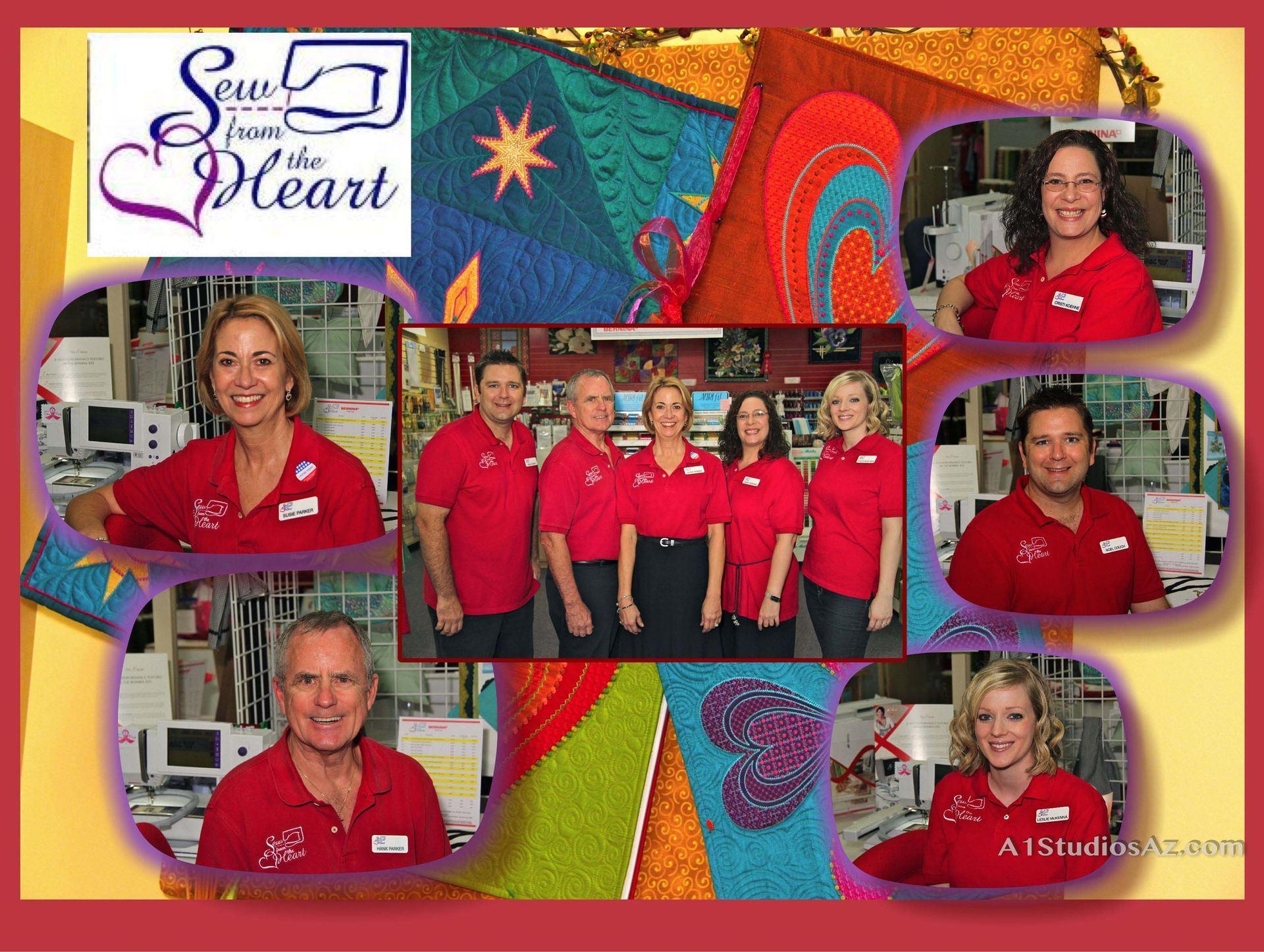 A group of people are posing for a picture in front of a sign that says sew on the heart