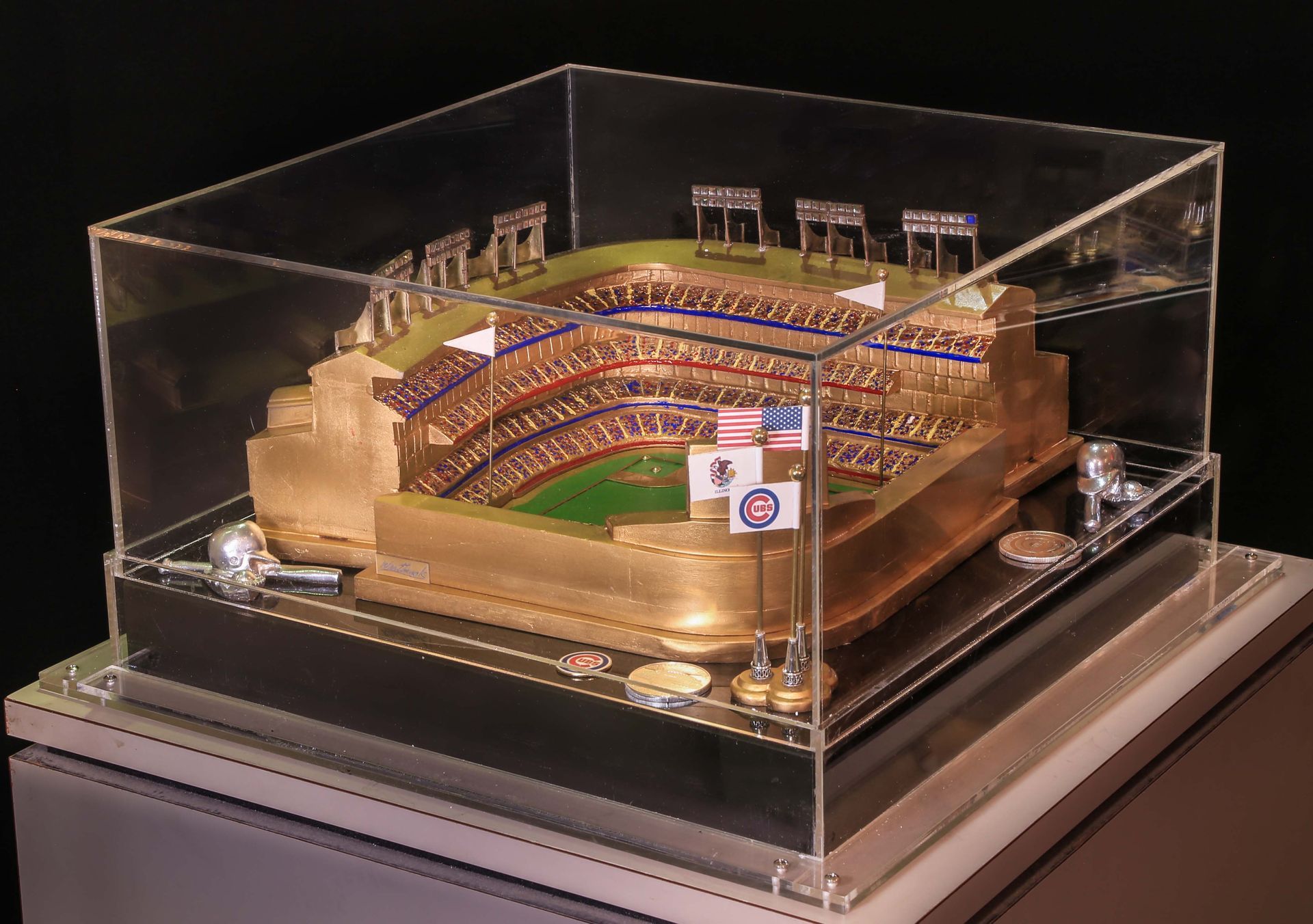 A model of a baseball stadium in a clear case