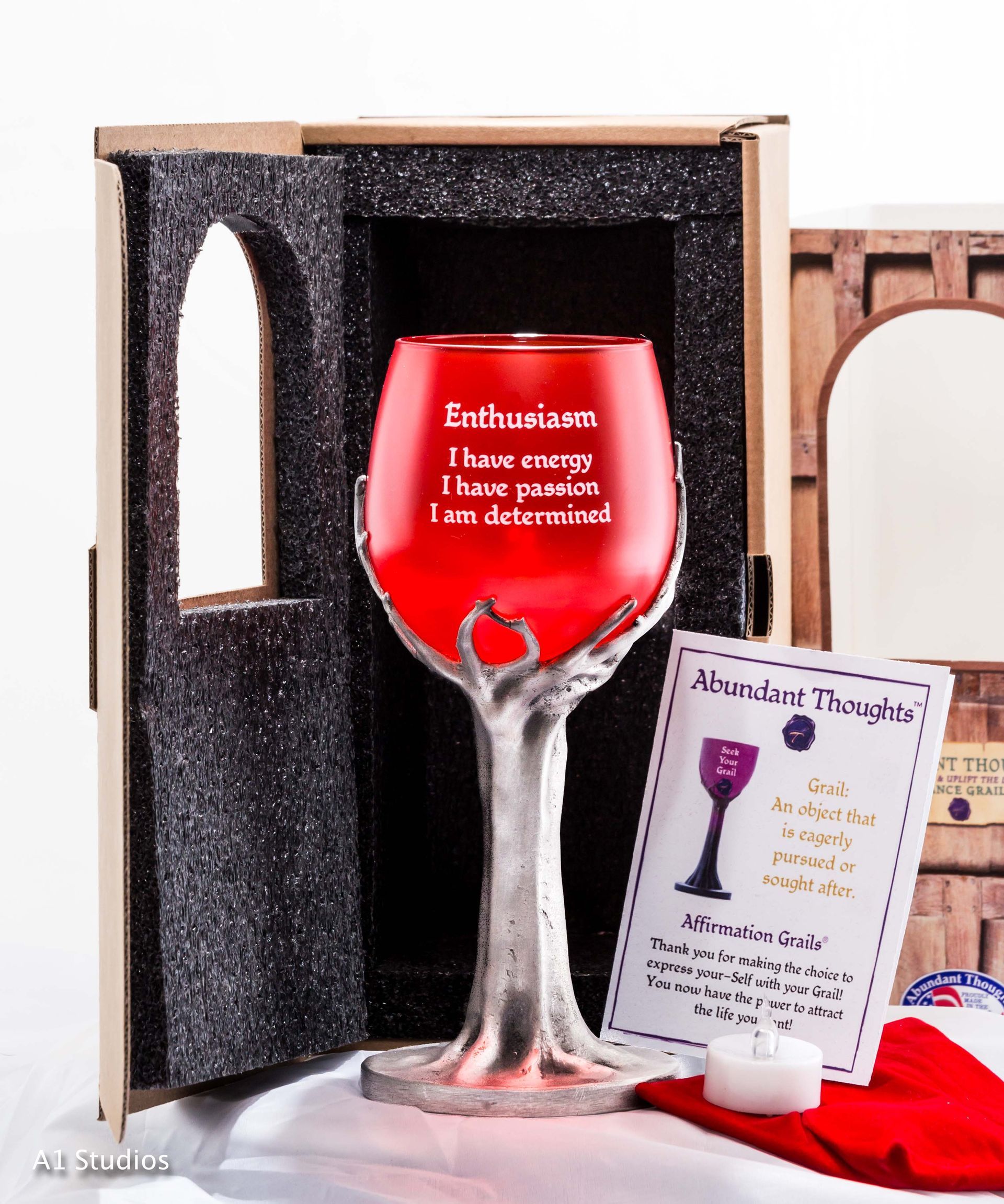 A red wine glass with the words