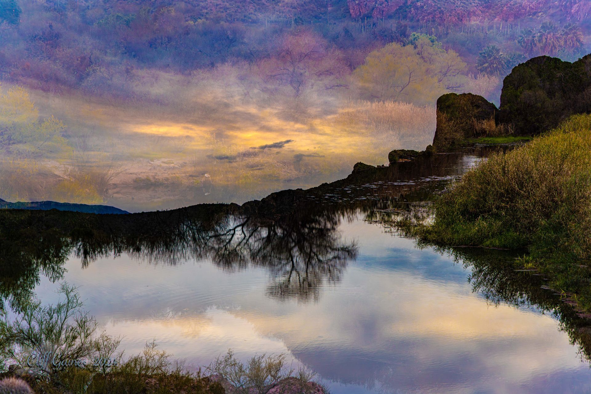 A painting of a lake with a sunset in the background and trees reflected in the water.