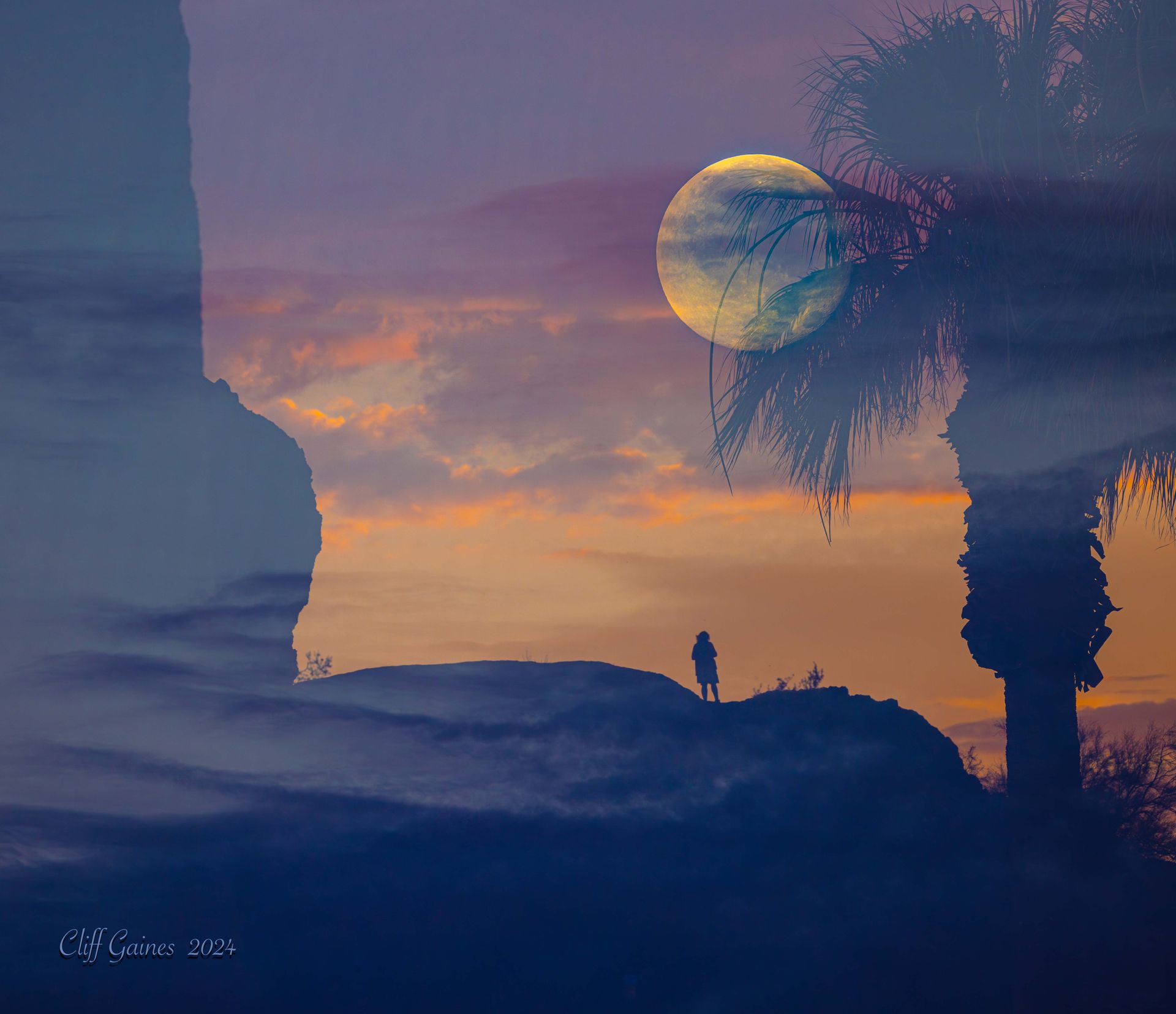A person standing on top of a hill with a full moon in the background