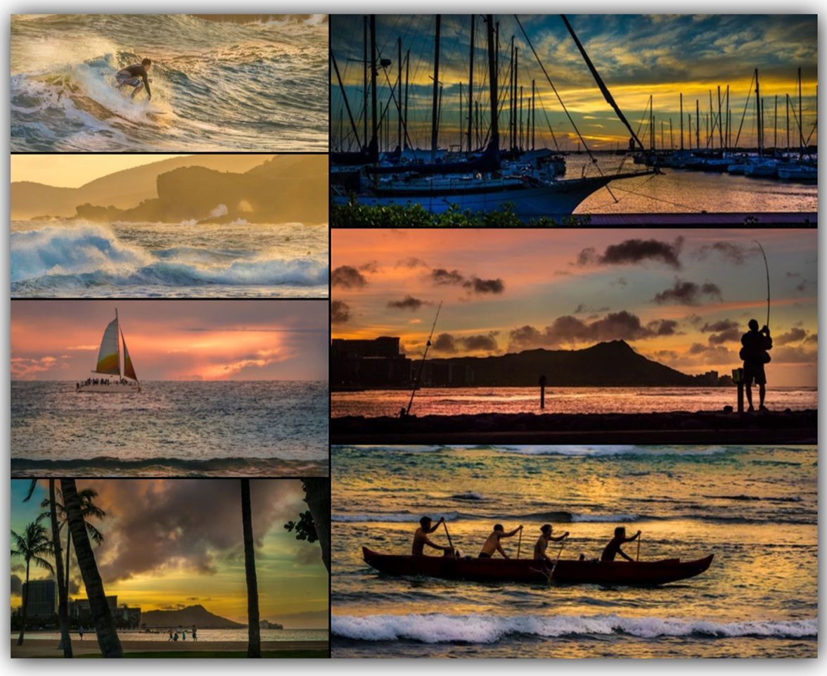 A collage of images of a sunset over the ocean