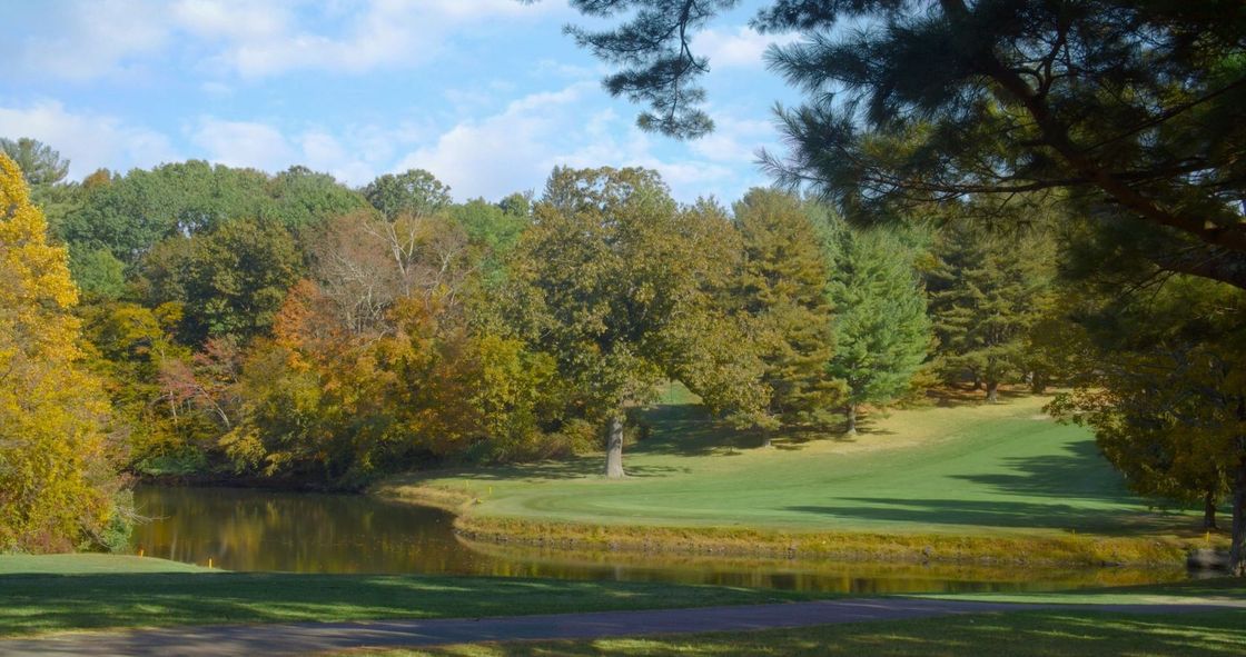 A golf course with a lake in the middle of it surrounded by trees.