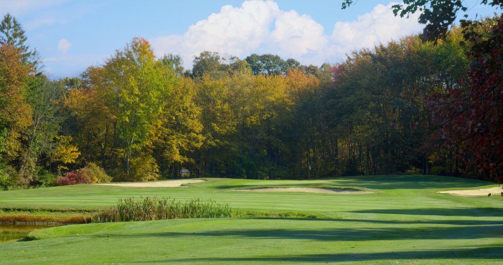 A golf course with trees in the background and a pond in the middle.