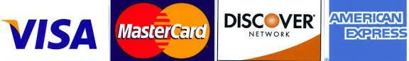 Logos for Visa, Mastercard, Discover, and American Express payment cards.