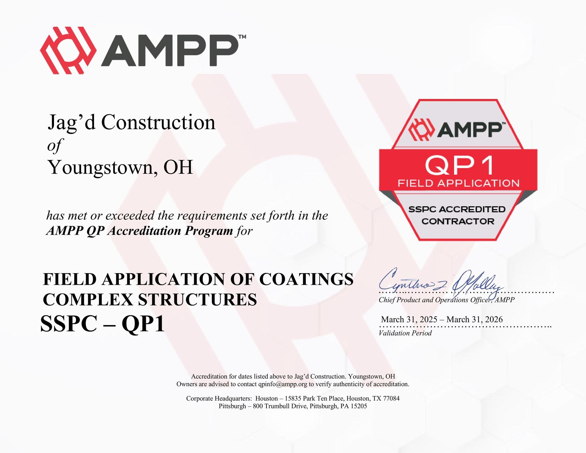 JAG'D Construction a AMPP QP1 field application SSPC Accredited Contractor