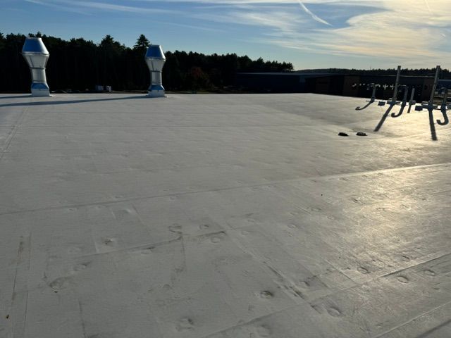 A white roof with two blue chimneys on top of it