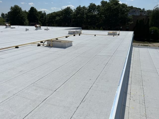 A white roof with a lot of trees in the background.