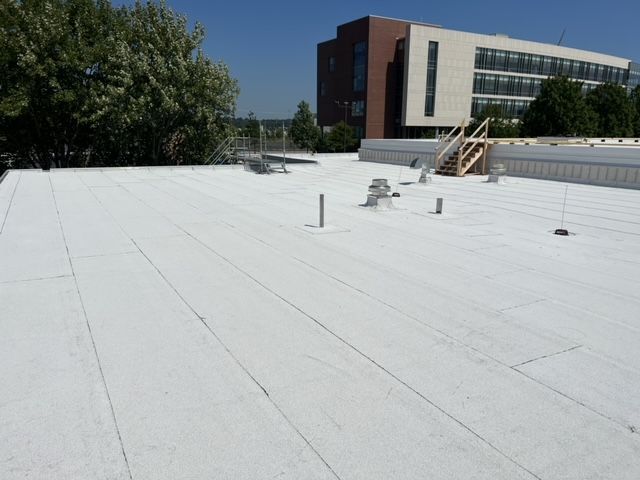 A white roof with a building in the background
