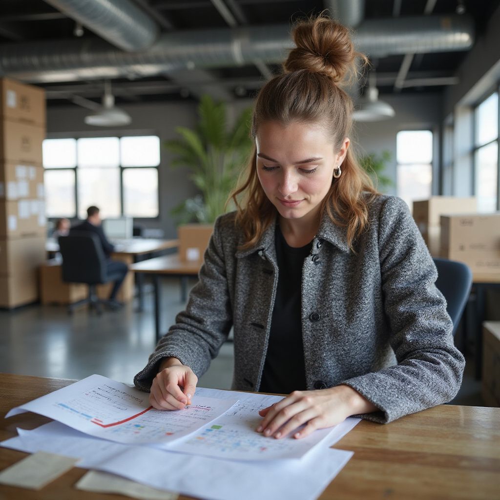 Woman in gray blazer examining papers at a desk in an office.
