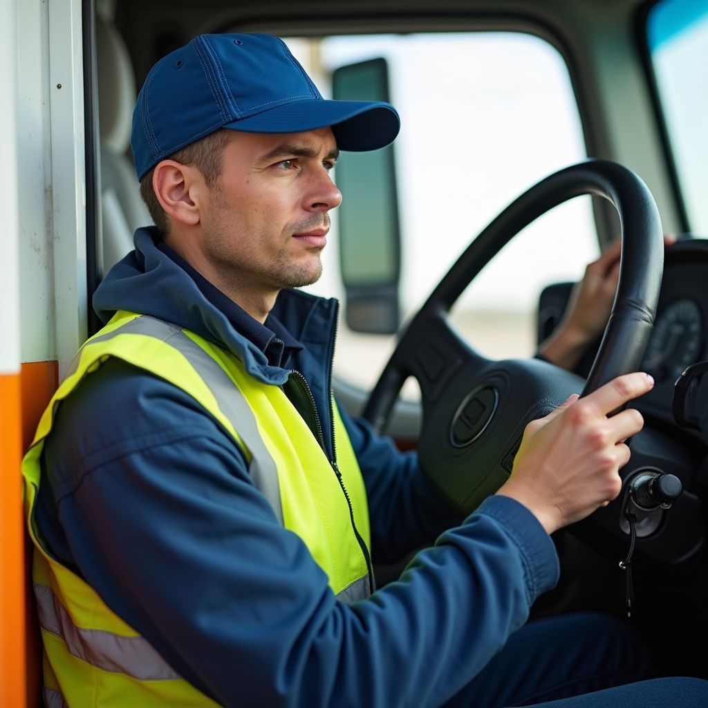 Driver in blue cap and reflective vest, gripping steering wheel in a truck cab.