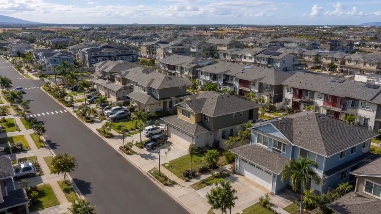 Aerial view of a suburban neighborhood with rows of modern houses and parked cars on a sunny day