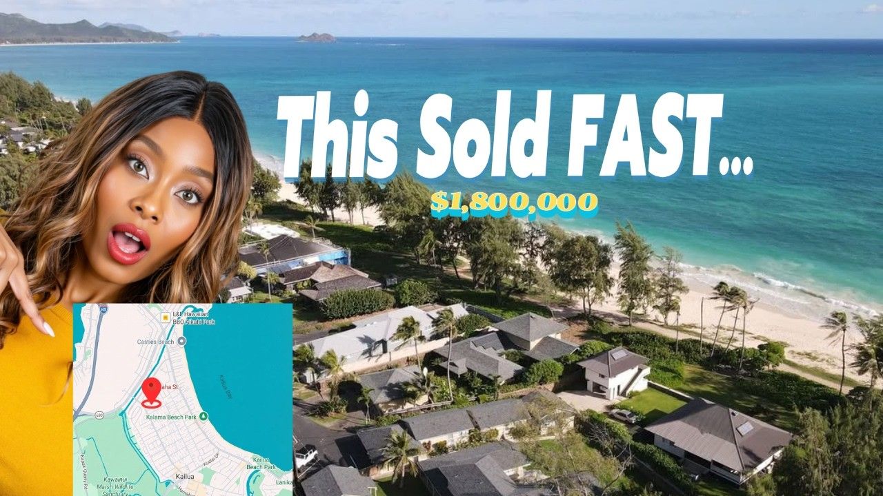 A woman pointing at a seaside neighborhood, with text reading