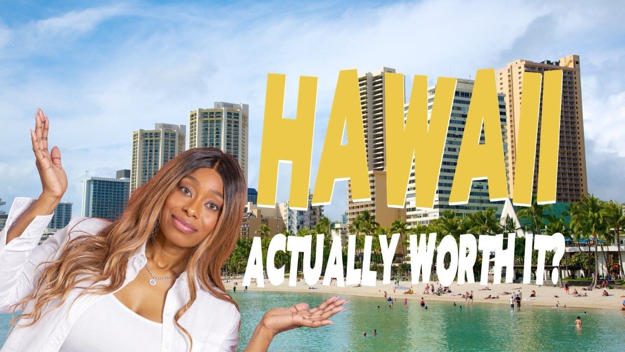 A person gesturing toward a beach and high-rise buildings with the text 