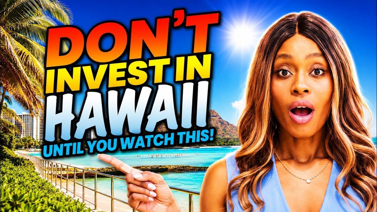 Woman pointing at bold text reading “Don’t Invest in Hawaii Until You Watch This!” with a tropical resort background