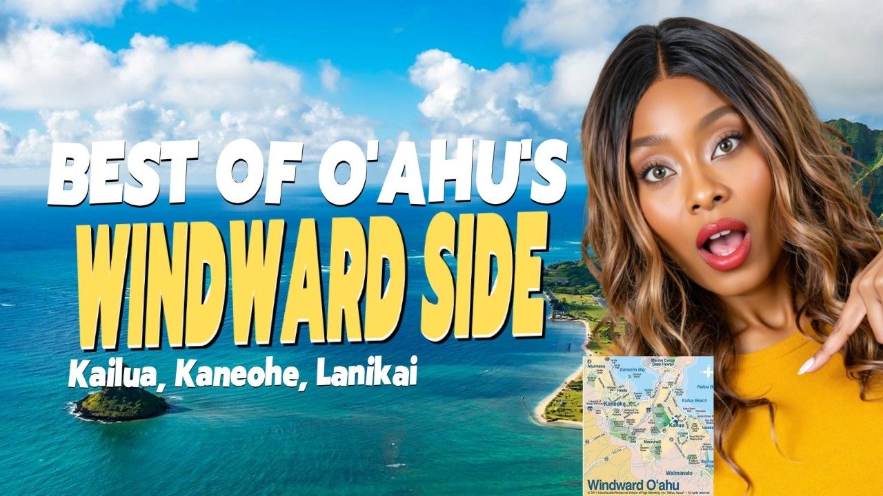 Best of Oahu's Windward Side with coastline text and a surprised woman in yellow beside a map inset