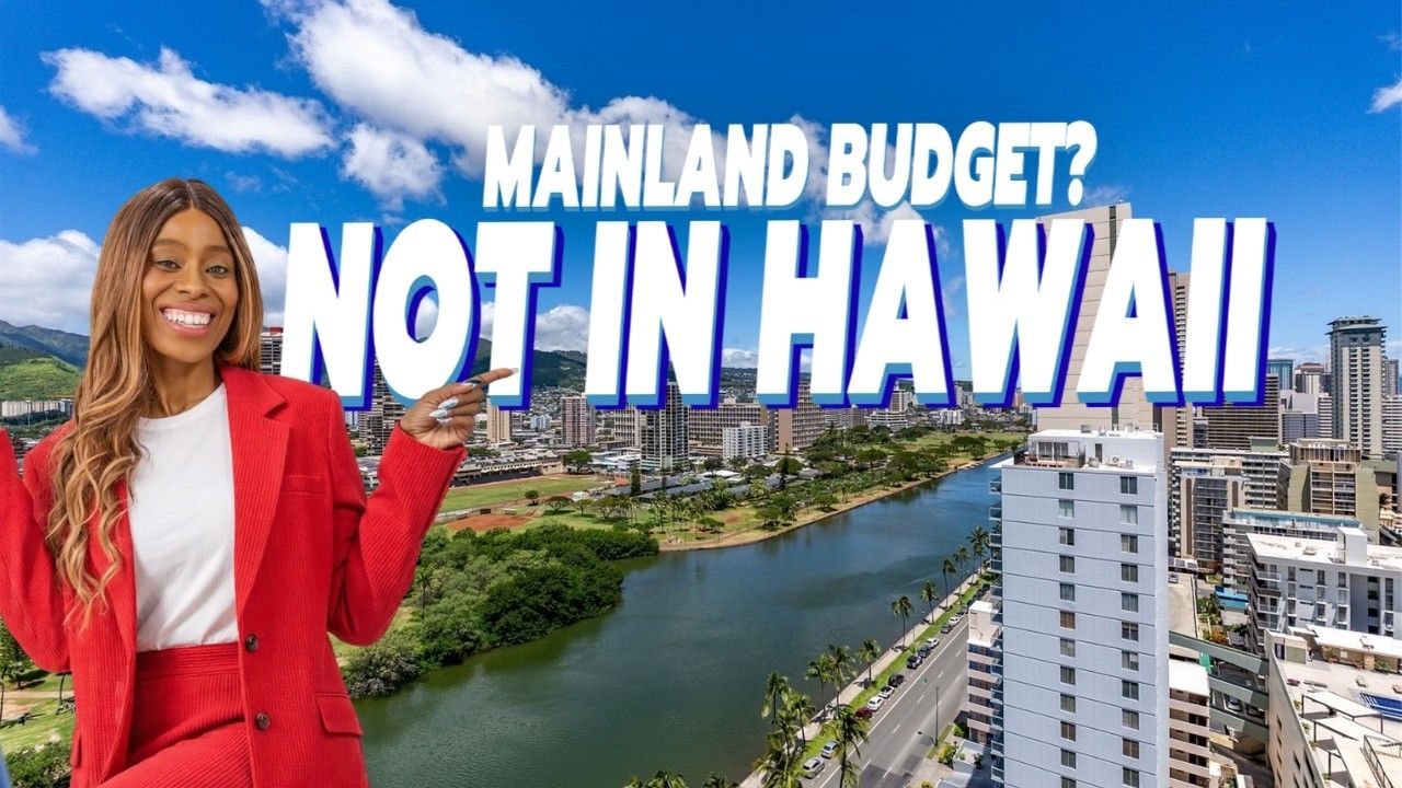 Woman in red suit over city river skyline with text: “Mainland budget? Not in Hawaii!”