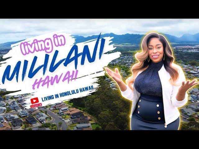 Woman in Mililani, Hawaii, with cityscape and text overlay 