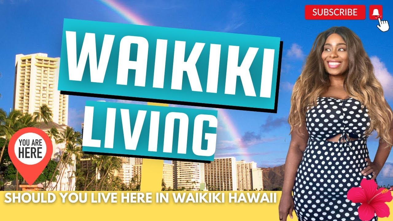 Waikiki living video thumbnail. Woman smiles. Turquoise banner 