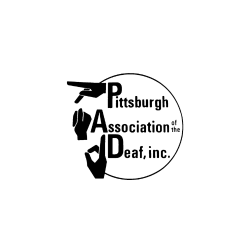 Logo for Pittsburgh Association of the Deaf, Inc. with ASL handshapes spelling P, A, and D in a circle.