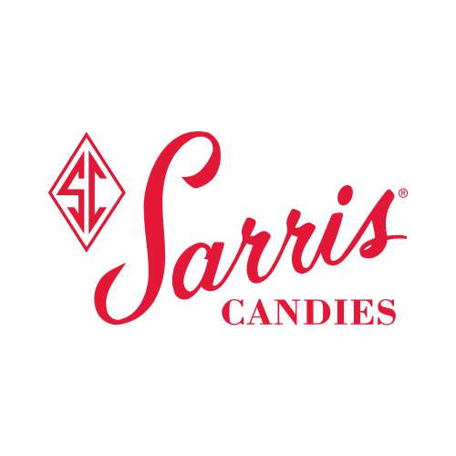 Sarris Candies logo with red script text and diamond emblem, on white background.