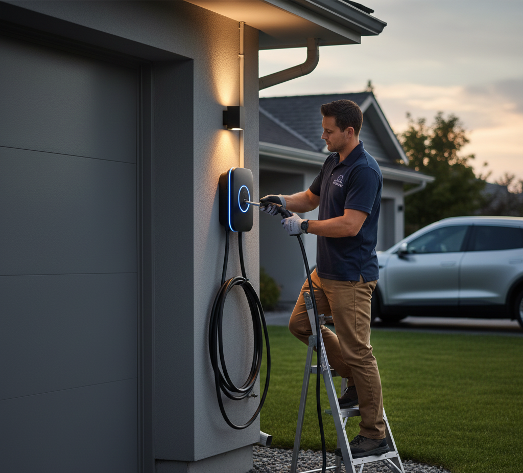 Man installing an electric vehicle charger on a house, evening setting.