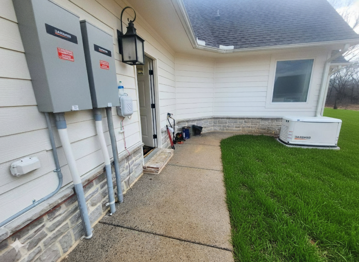 Exterior view of a home with two gray electrical boxes, a generator, and a walkway.