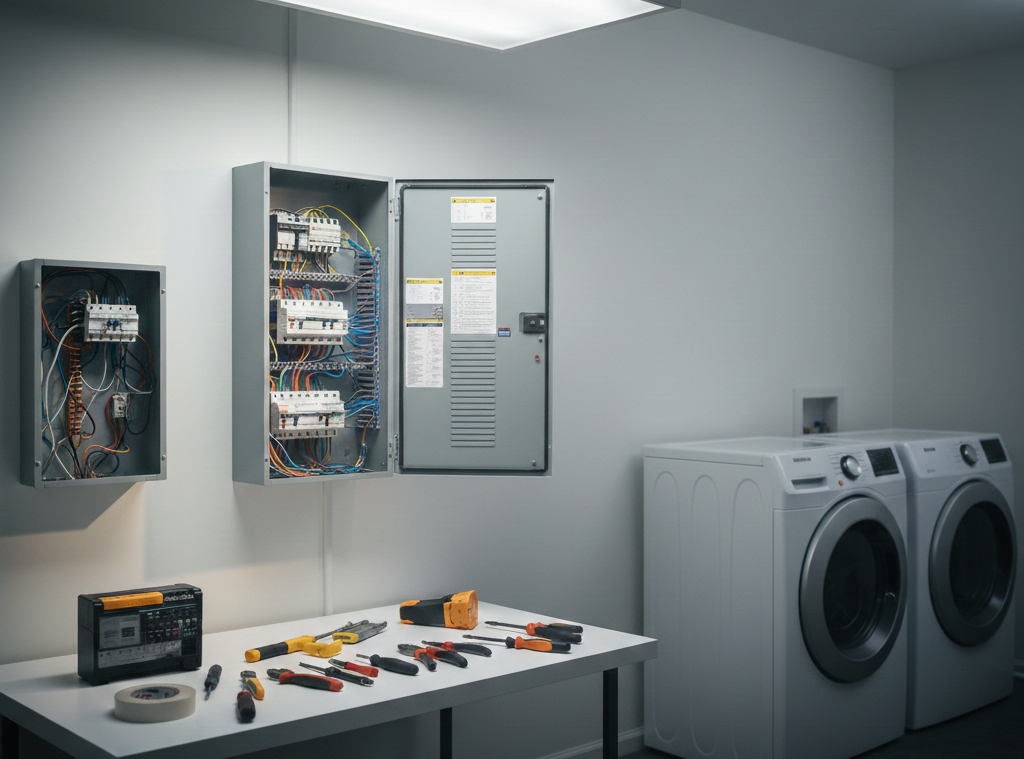 Open electrical panel with tools on a table, next to a washer and dryer in a utility room.