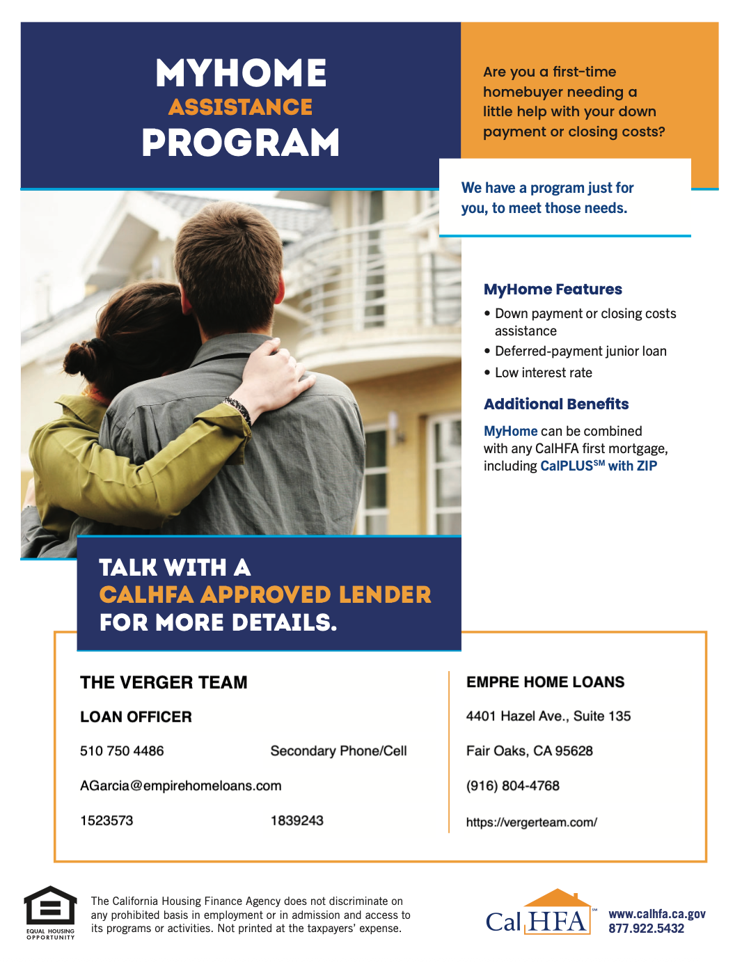 A couple embracing in front of a house; Myhome Assistance Program flyer.