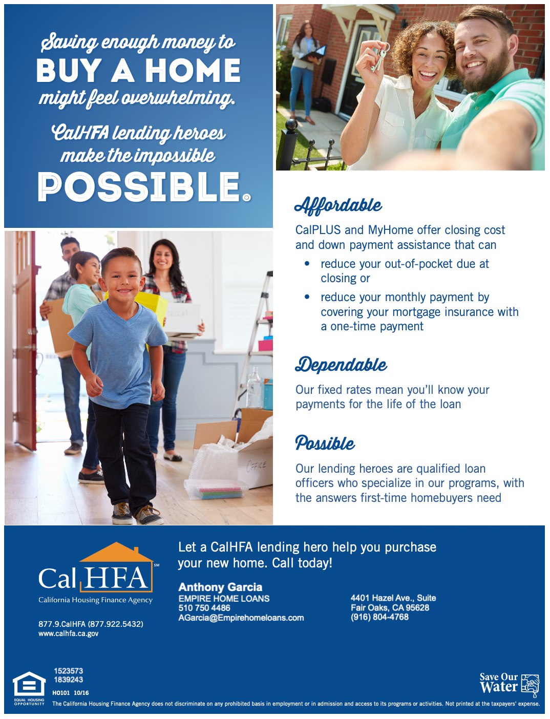 Advertisement for CalHFA: families smiling at a house and inside, text stating 