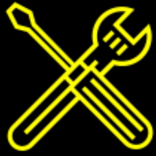 A yellow icon of a wrench and screwdriver crossed over each other on a black background.