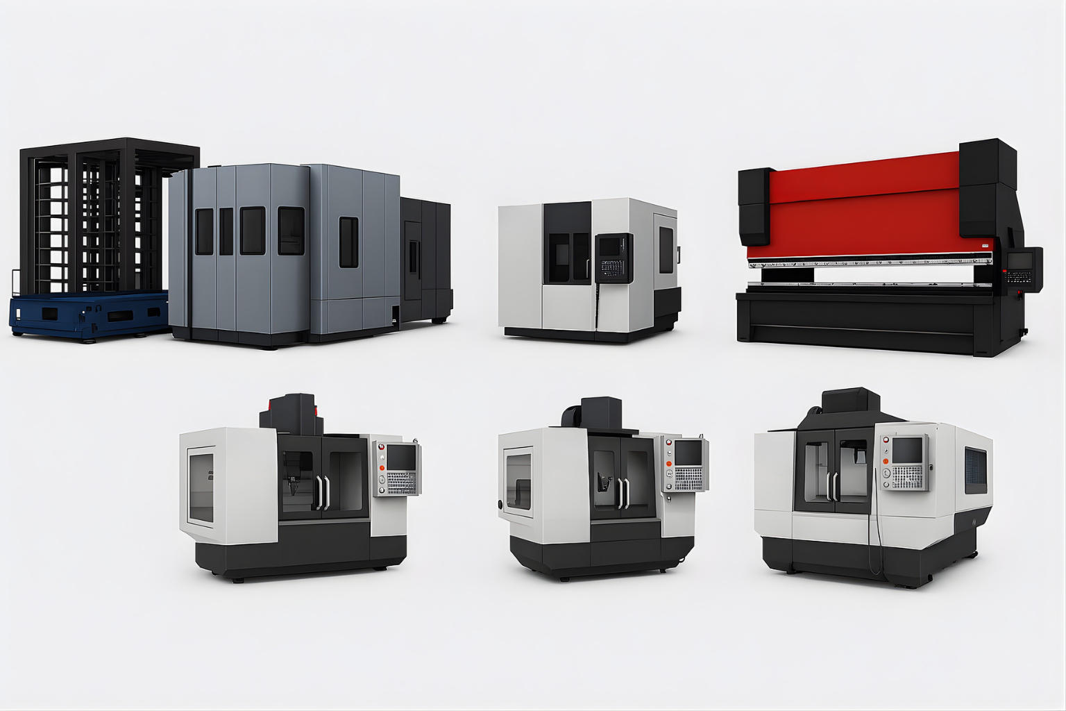 Collection of industrial machines in a studio setting; includes a rack, CNC mills, and a press brake.